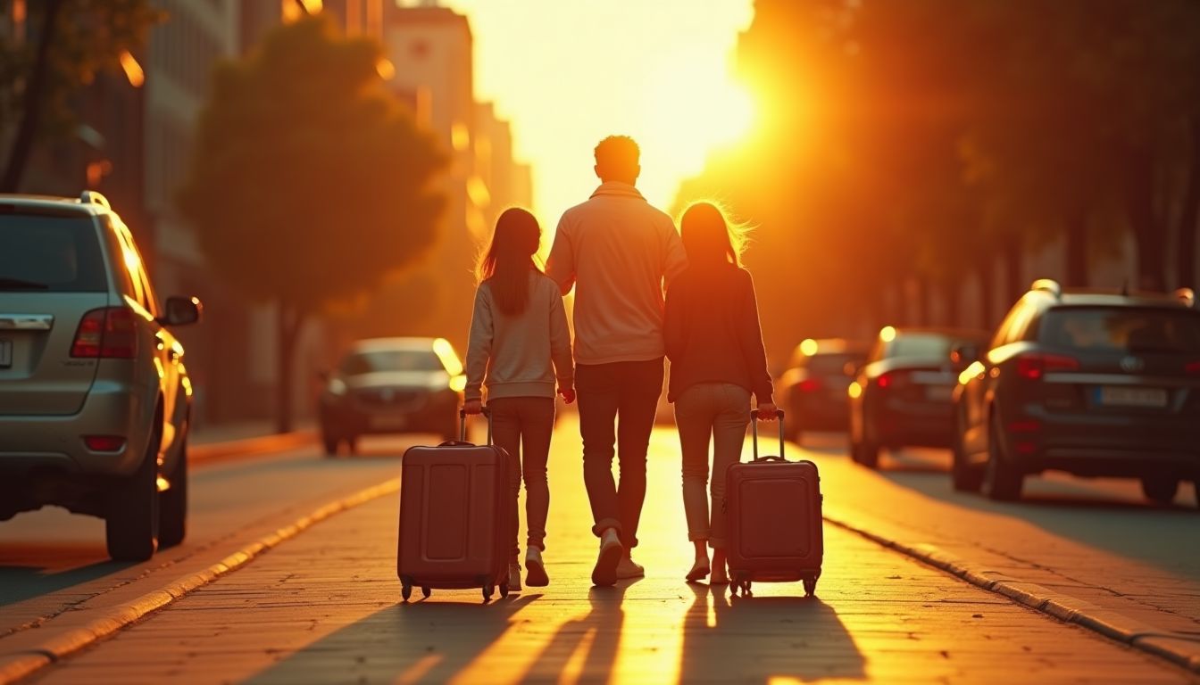 A cinematic photograph of parents and two children walking hand in hand across a safe pedestrian crossing near a school gate in soft morning light, deep blue and sky tones, reassuring mood, photorealistic, no text