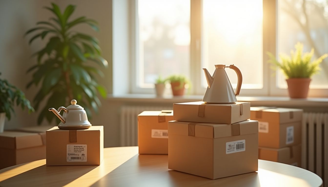 A cinematic photograph of a young couple standing in an empty sunlit apartment with boxes and a kettle on the counter, first-home optimism, soft window light, deep blue and warm sky tones, photorealistic, no text